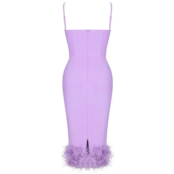 Elegant Deep Lavender Bandage Body-Con Midi Dress with Feather Detail.  NWT. - Picture 4 of 4